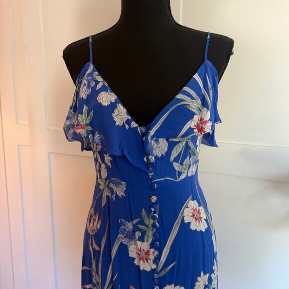 Zara Blue Floral Spaghetti Strap Button Front Ruffle Detail Maxi Dress - s - Picture 8 of 12